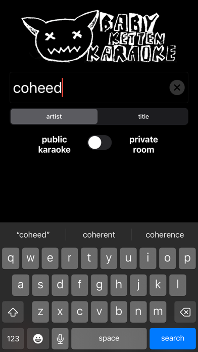 The Baby Ketten app's search screen with the cat logo, an artist search, and a public karaoke / private room switch