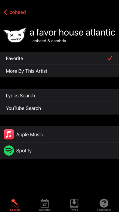 A song's page in the app with Favorite, More By This Artist, Lyrics Search, YouTube Search, Apple Music and Spotify