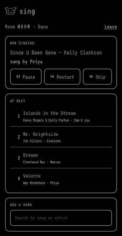 A singer's phone showing the song now singing, playback controls, the songs up next and a search box
